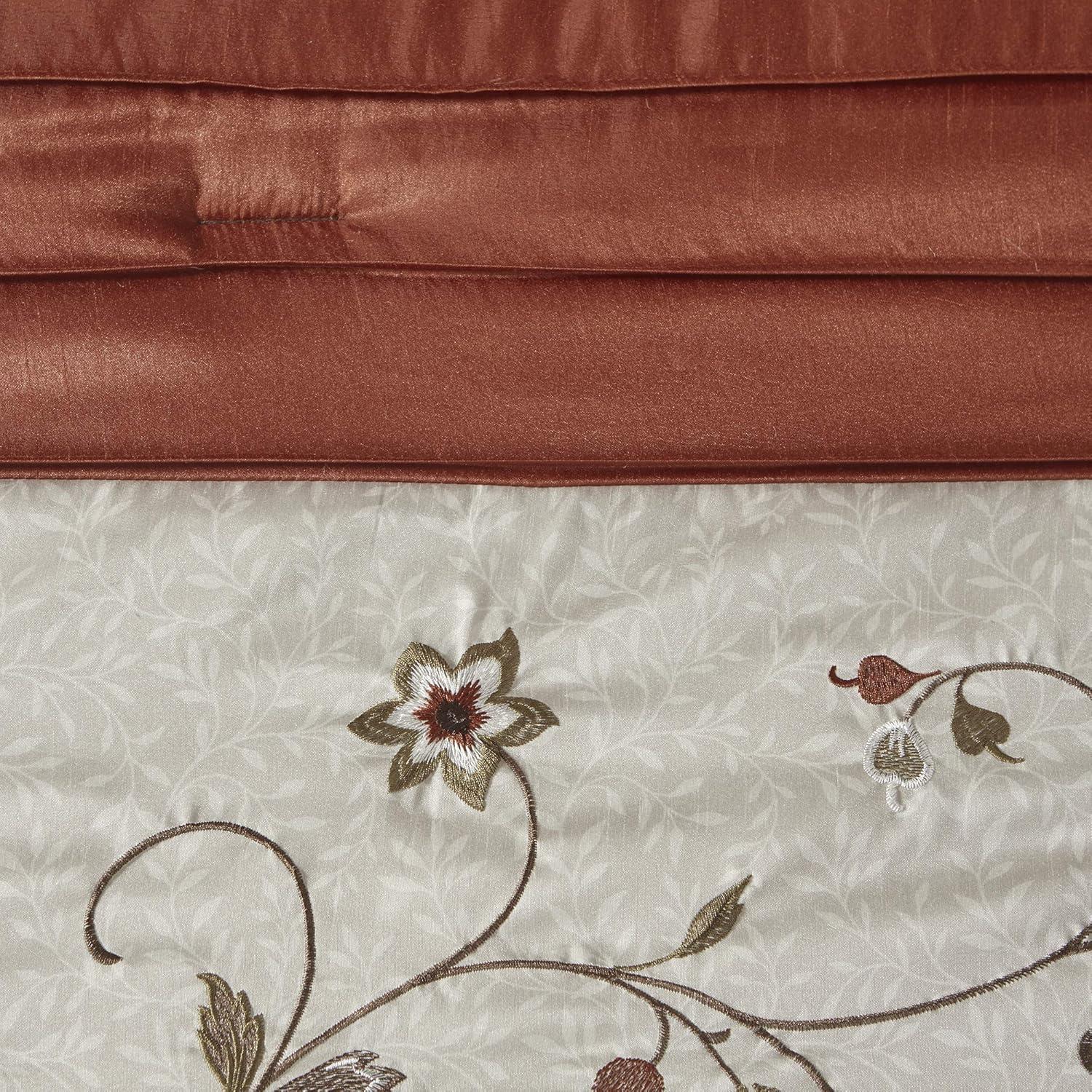 imageMadison Park Serene Faux Silk Comforter Set Floral Embroidery Design All Season Bedding Set Matching Bed Skirt Decorative Pillows Red Queen90quotx90quot 7 PieceSpice
