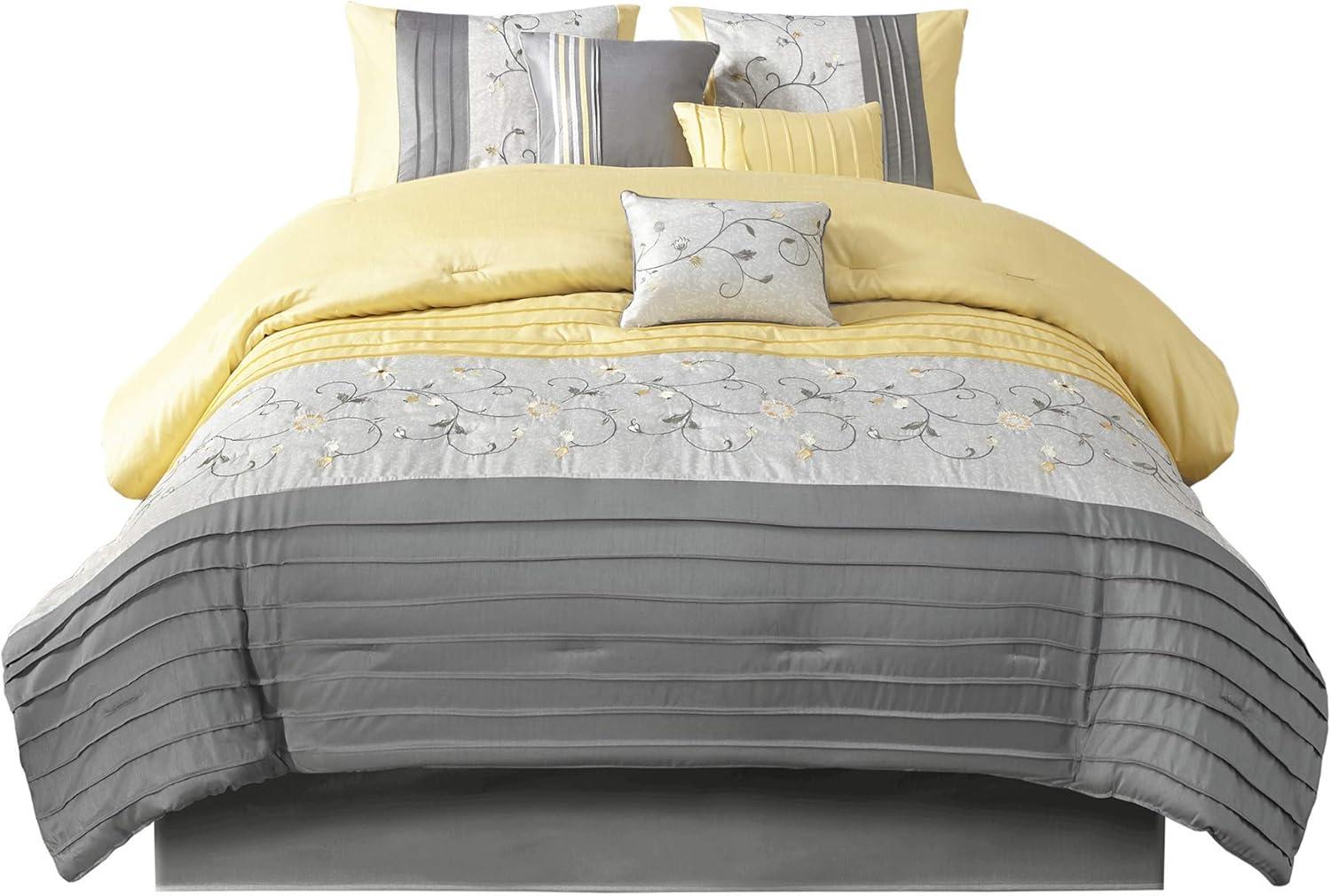 imageMadison Park Serene Faux Silk Comforter Set Floral Embroidery Design All Season Bedding Set Matching Bed Skirt Decorative Pillows Red Queen90quotx90quot 7 PieceYellow