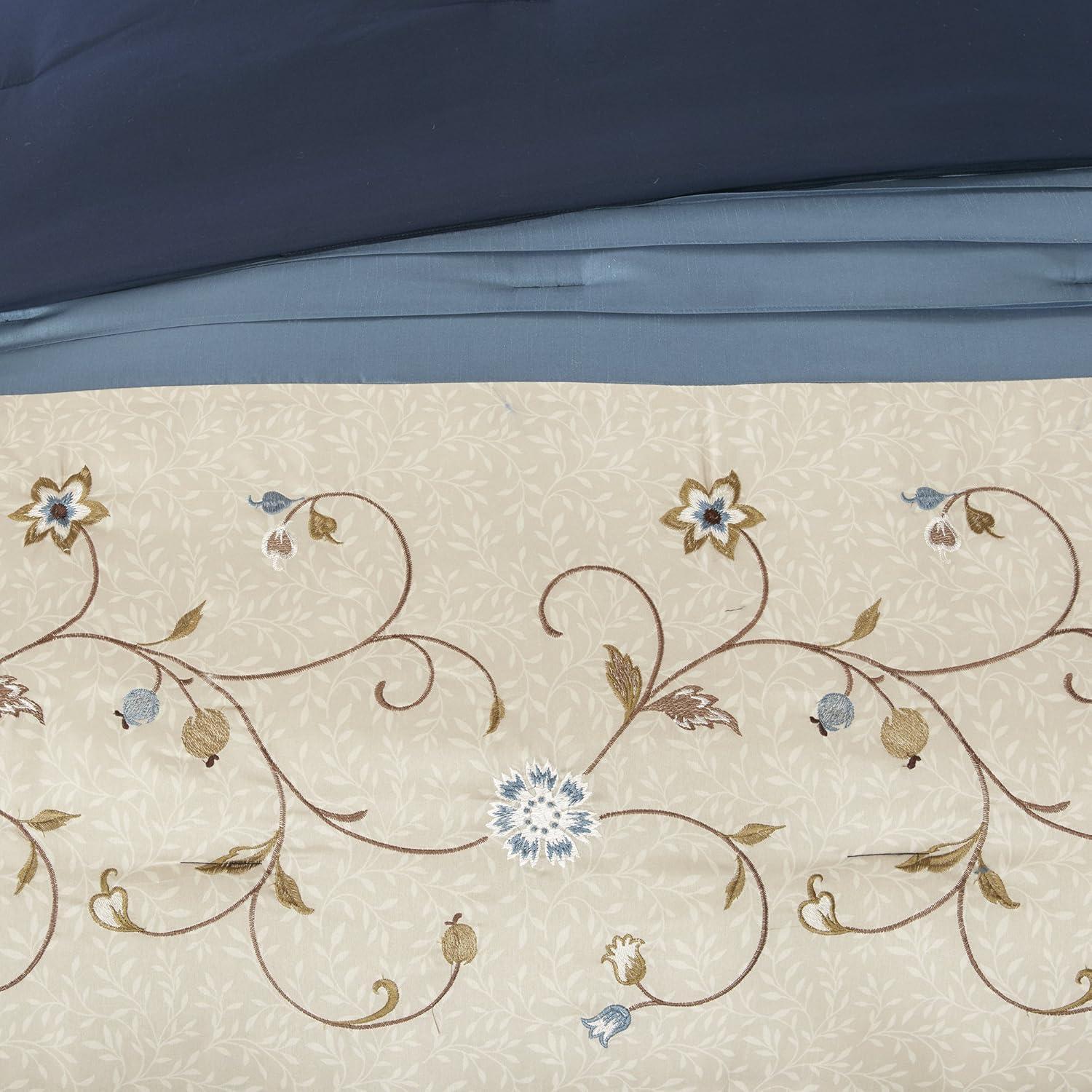 imageMadison Park Serene Faux Silk Comforter Set Floral Embroidery Design All Season Bedding Set Matching Bed Skirt Decorative Pillows Red Queen90quotx90quot 7 PieceNavy
