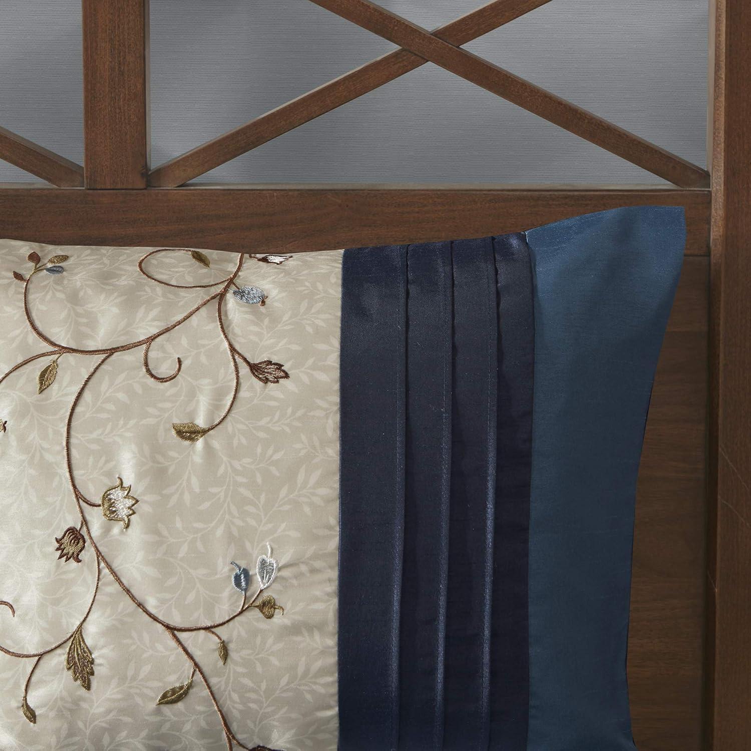imageMadison Park Serene Faux Silk Comforter Set Floral Embroidery Design All Season Bedding Set Matching Bed Skirt Decorative Pillows Red Queen90quotx90quot 7 PieceNavy