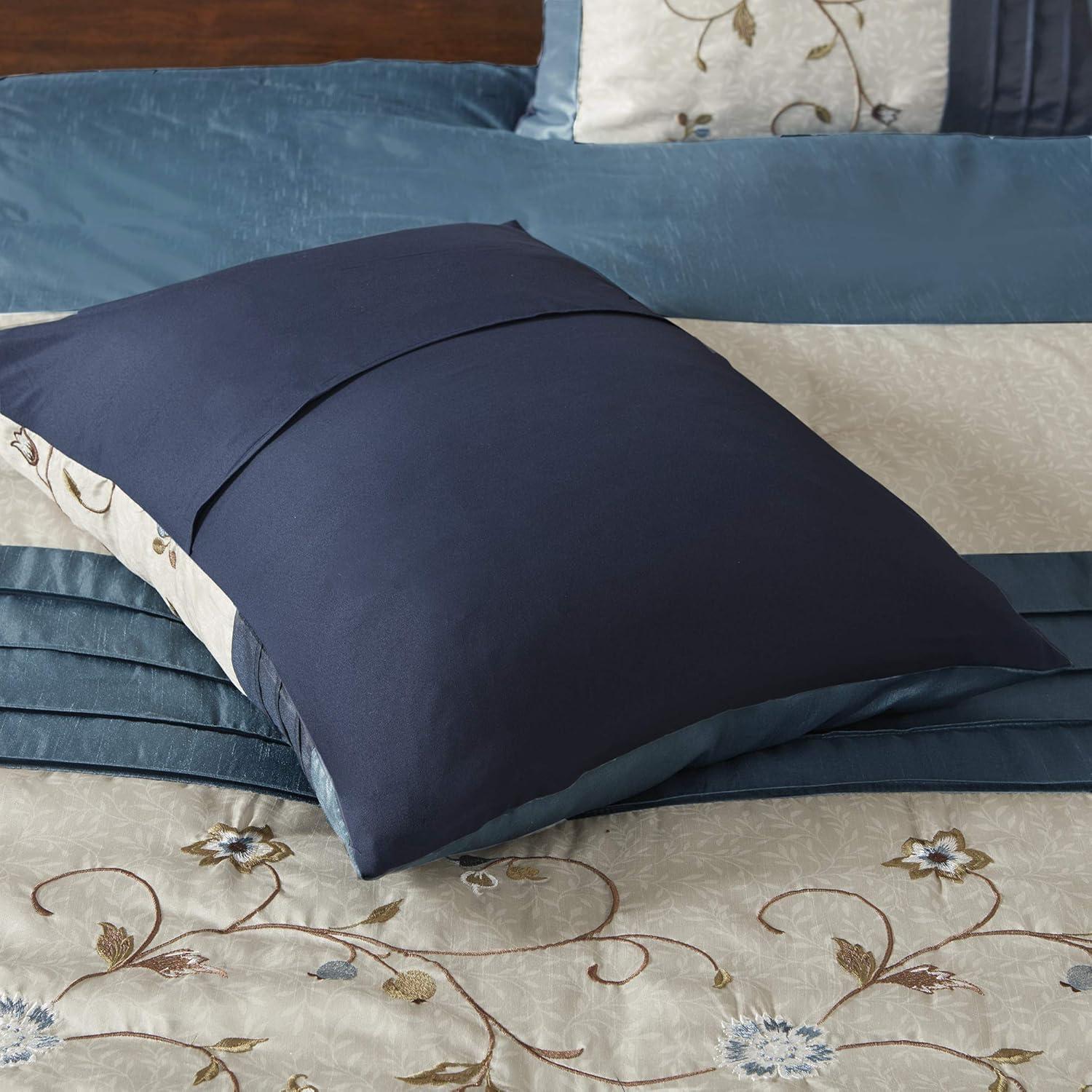 imageMadison Park Serene Faux Silk Comforter Set Floral Embroidery Design All Season Bedding Set Matching Bed Skirt Decorative Pillows Red Queen90quotx90quot 7 PieceNavy