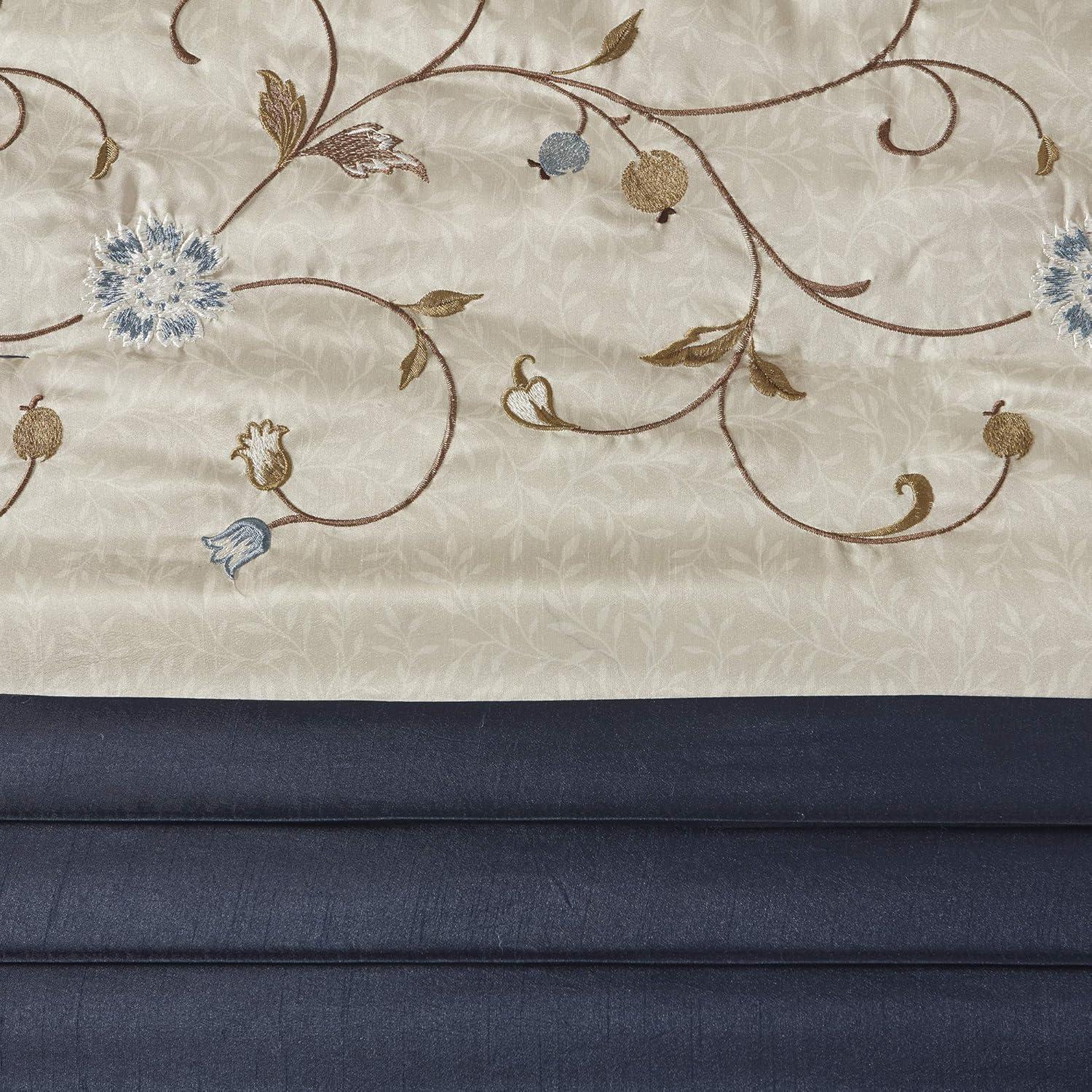 imageMadison Park Serene Faux Silk Comforter Set Floral Embroidery Design All Season Bedding Set Matching Bed Skirt Decorative Pillows Red Queen90quotx90quot 7 PieceNavy