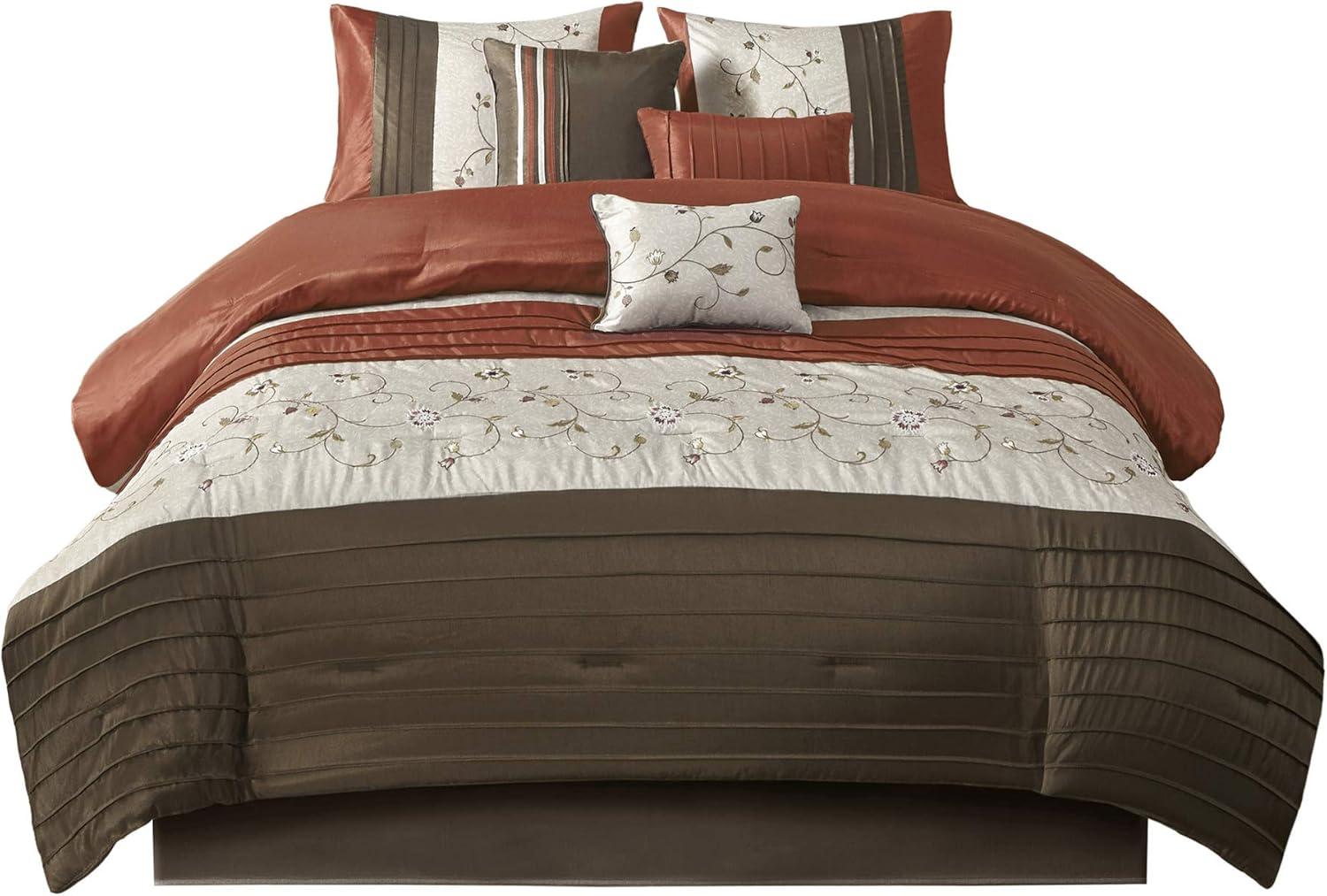 imageMadison Park Serene Faux Silk Comforter Set Floral Embroidery Design All Season Bedding Set Matching Bed Skirt Decorative Pillows Red Queen90quotx90quot 7 PieceSpice