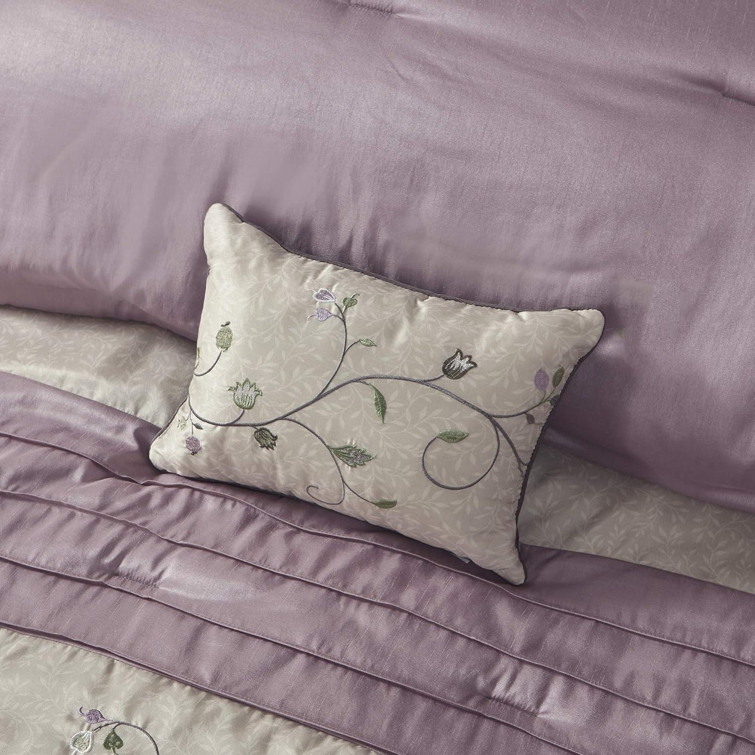 imageMadison Park Serene Faux Silk Comforter Set Floral Embroidery Design All Season Bedding Set Matching Bed Skirt Decorative Pillows Red Queen90quotx90quot 7 PiecePurple