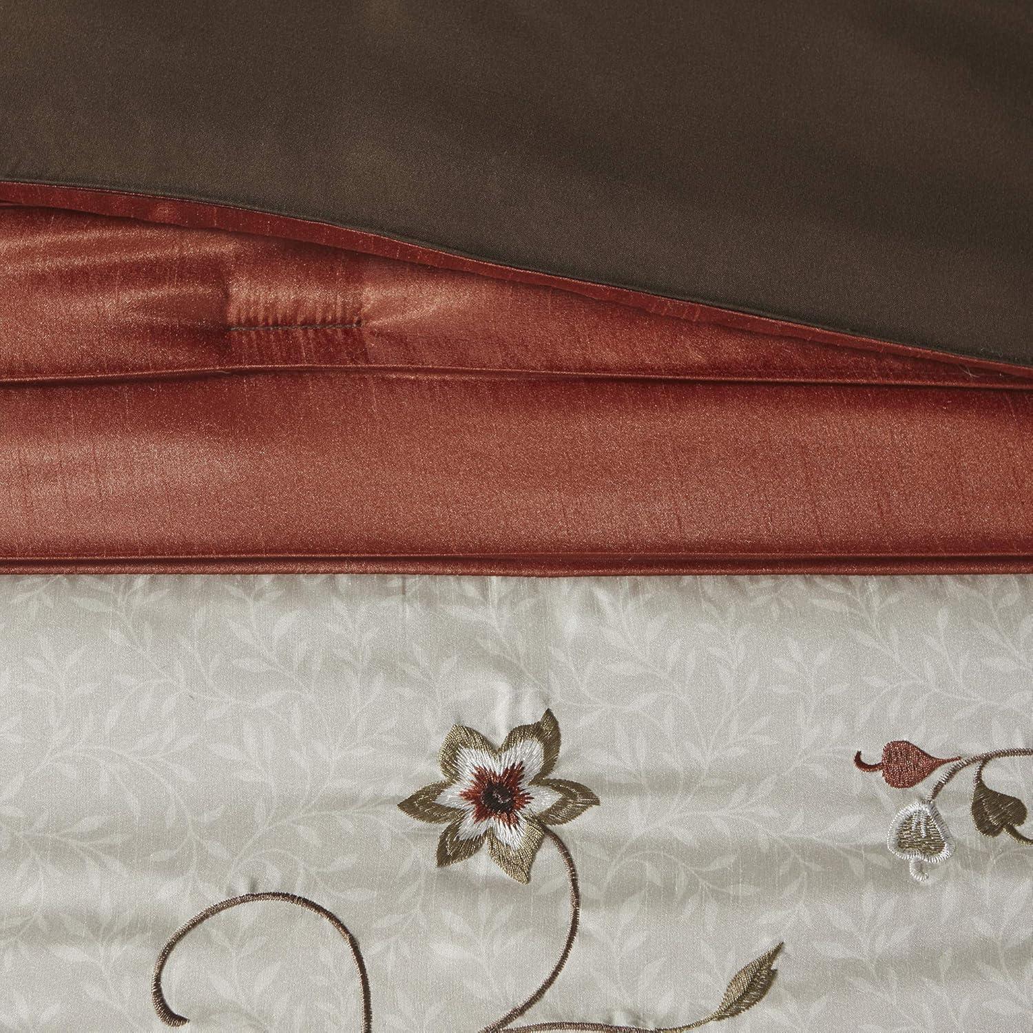 imageMadison Park Serene Faux Silk Comforter Set Floral Embroidery Design All Season Bedding Set Matching Bed Skirt Decorative Pillows Red Queen90quotx90quot 7 PieceSpice