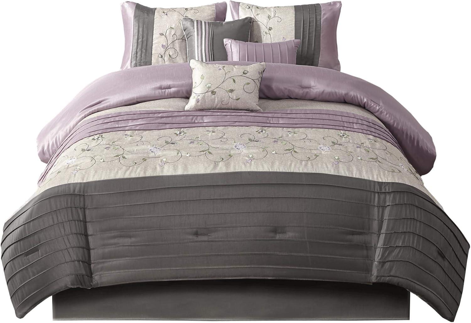 imageMadison Park Serene Faux Silk Comforter Set Floral Embroidery Design All Season Bedding Set Matching Bed Skirt Decorative Pillows Red Queen90quotx90quot 7 PiecePurple