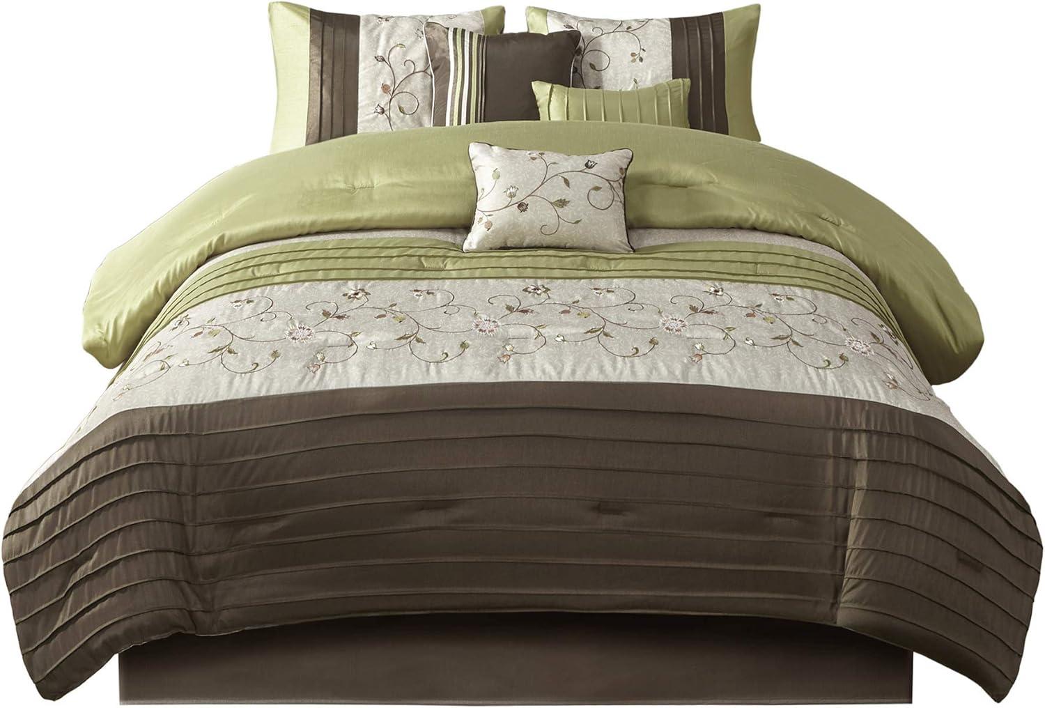 imageMadison Park Serene Faux Silk Comforter Set Floral Embroidery Design All Season Bedding Set Matching Bed Skirt Decorative Pillows Red Queen90quotx90quot 7 PieceGreen