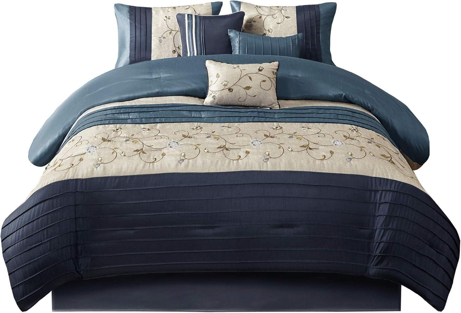 imageMadison Park Serene Faux Silk Comforter Set Floral Embroidery Design All Season Bedding Set Matching Bed Skirt Decorative Pillows Red Queen90quotx90quot 7 PieceNavy