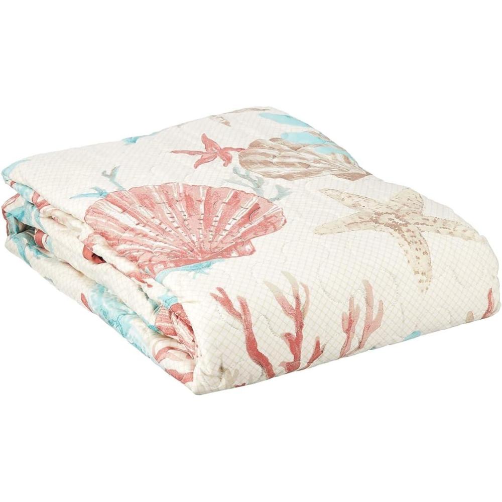 imageMadison Park Bayside Luxury Oversized Quilted Throw Ivory Navy Blue 60x70 Coastal Premium Soft Cozy Microfiber For Bed Couch or SofaPebble Beach Coral