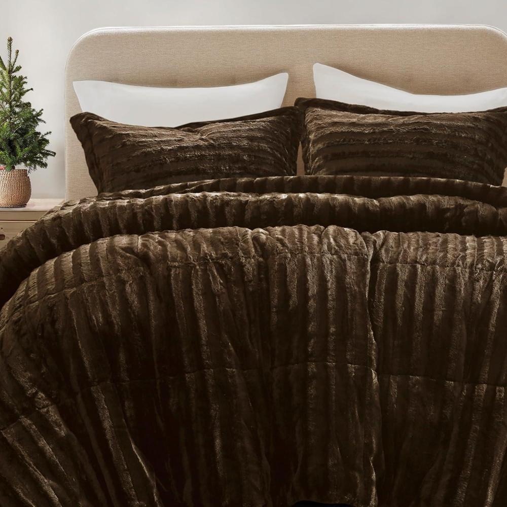 imageMadison Park Faux Fur Reversible Comforter Set Down Alternative Filling Modern Quilted Bedding with Matching Shams KingCalifornia King BlackChocolate