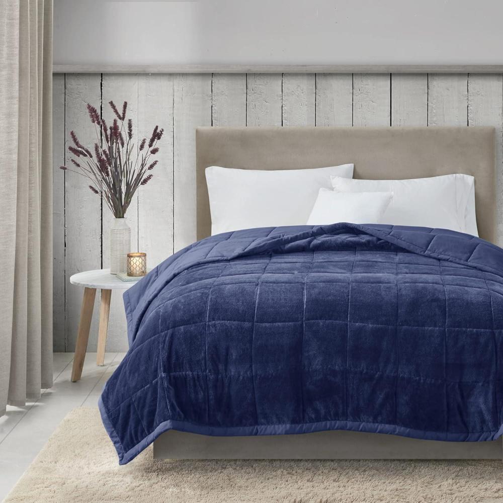 imageMadison Park King Cozy Blanket HeiQ Smart Temperature Plush to Microfiber Reverse Box Quilting Reversible Soft All Season Lightweight Summer Cover for Bed Couch and Sofa King IvoryNavy