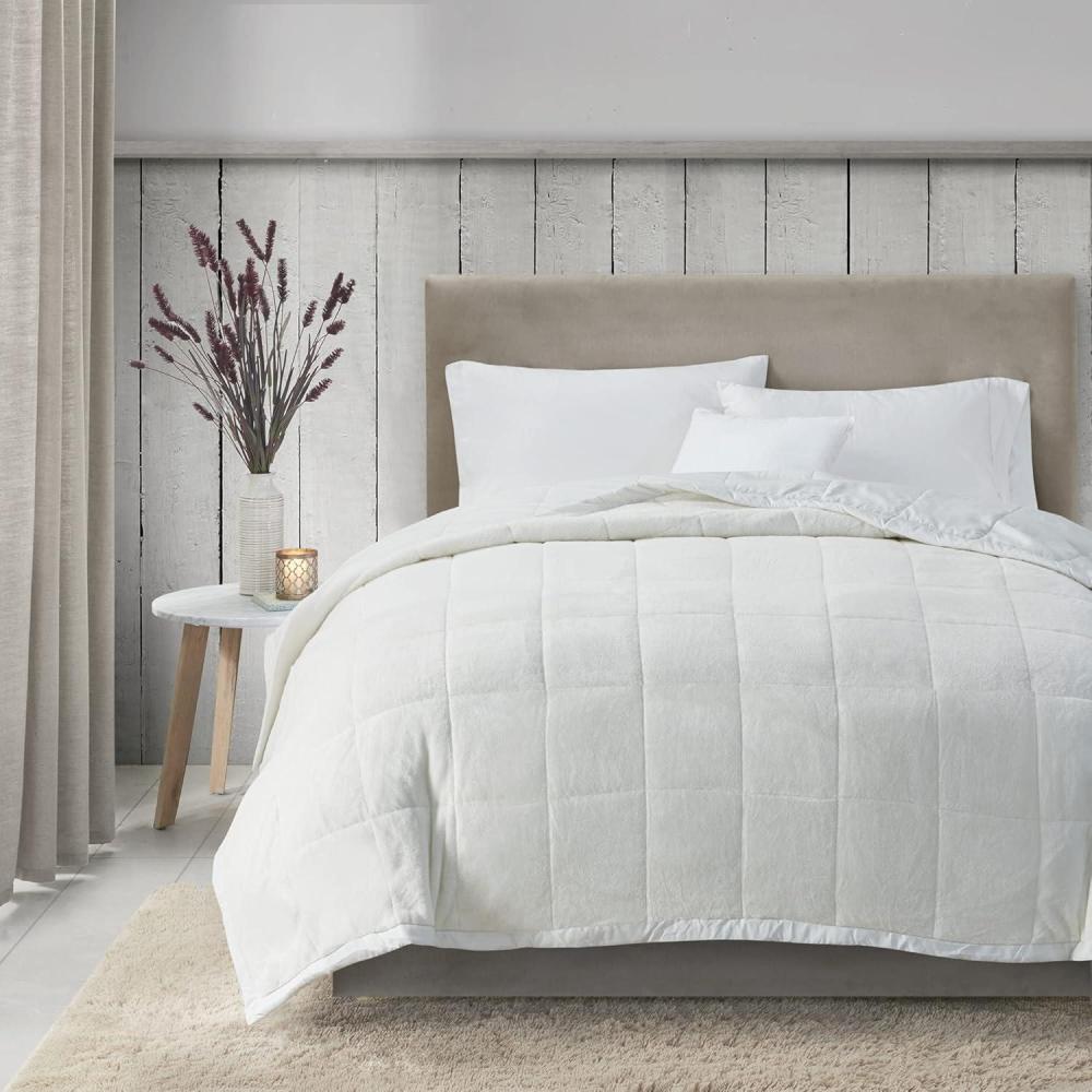 imageMadison Park King Cozy Blanket HeiQ Smart Temperature Plush to Microfiber Reverse Box Quilting Reversible Soft All Season Lightweight Summer Cover for Bed Couch and Sofa King IvoryIvory