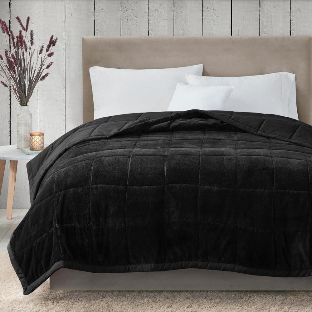 imageMadison Park King Cozy Blanket HeiQ Smart Temperature Plush to Microfiber Reverse Box Quilting Reversible Soft All Season Lightweight Summer Cover for Bed Couch and Sofa King IvoryBlack
