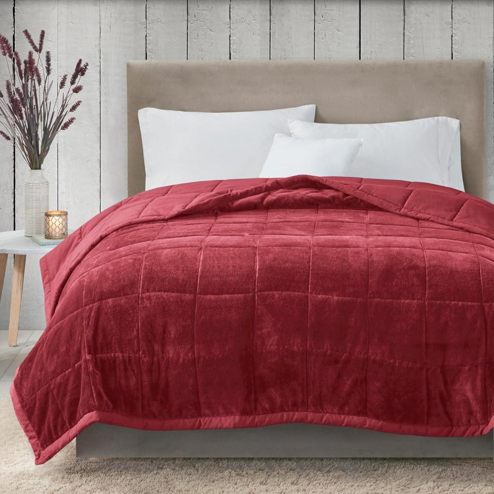 imageMadison Park King Cozy Blanket HeiQ Smart Temperature Plush to Microfiber Reverse Box Quilting Reversible Soft All Season Lightweight Summer Cover for Bed Couch and Sofa King IvoryBurgundy