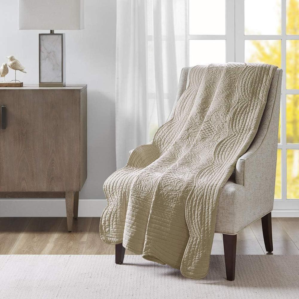 imageMadison Park Luxe Quilted Throw Blanket Damask Stitching Design Cotton Filled Spread Ultra Soft Cozy Bedding for Living Room Couch Sofa Bed 60x72quot Scalloped Borders CreamScalloped Edges Khaki