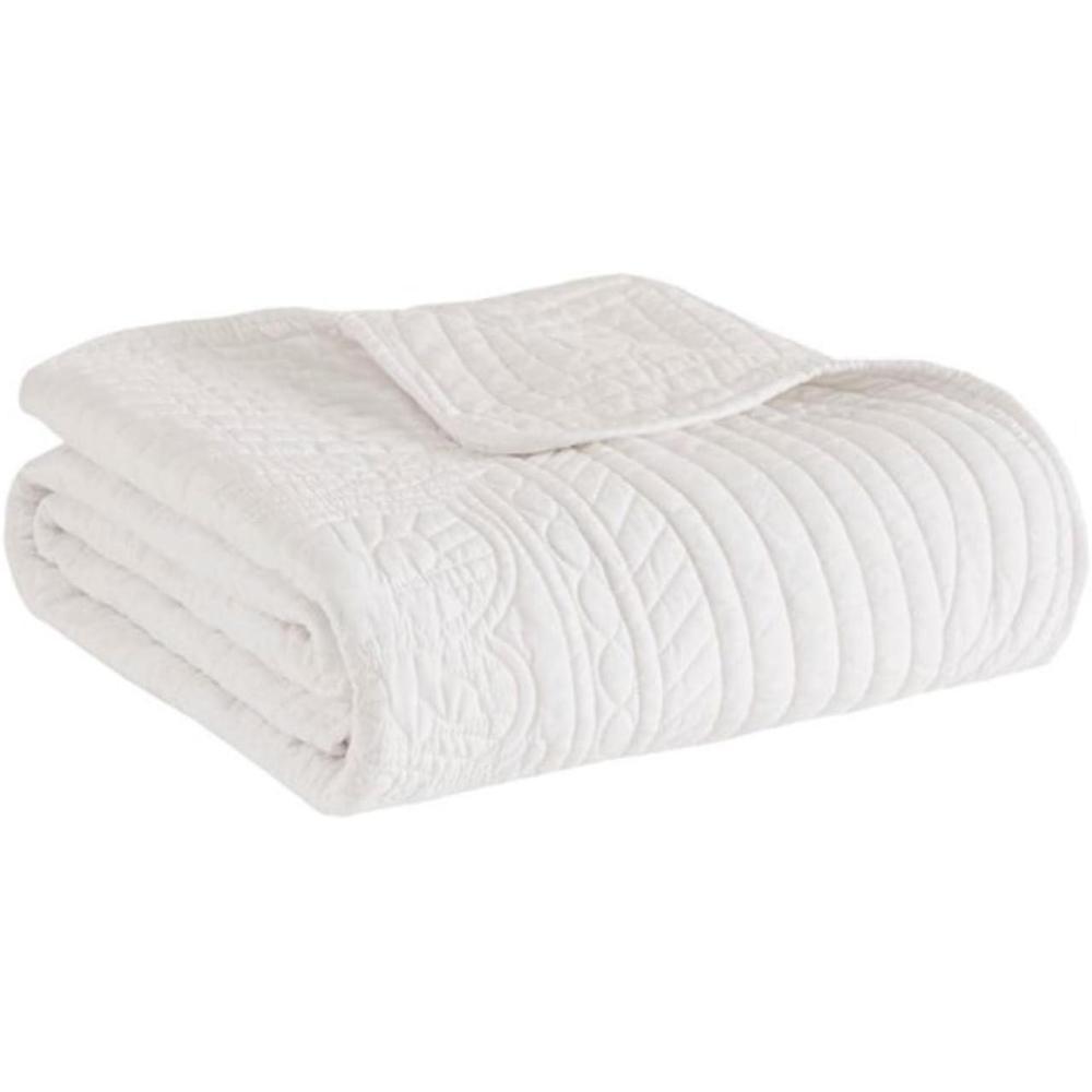 imageMadison Park Luxe Quilted Throw Blanket Damask Stitching Design Cotton Filled Spread Ultra Soft Cozy Bedding for Living Room Couch Sofa Bed 60x72quot Scalloped Borders CreamScalloped Edges White
