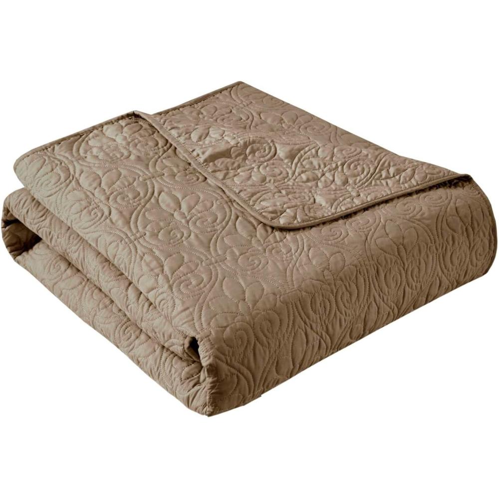 imageMadison Park Luxe Quilted Throw Blanket  Damask Stitching Design Cotton Filled Spread Ultra Soft Cozy Bedding for Living Room Couch Sofa Bed 60x72quot Scalloped Borders CreamKhaki