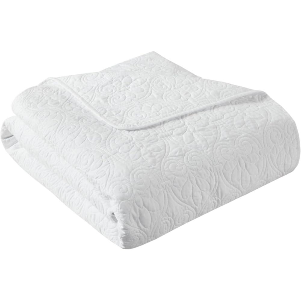 imageMadison Park Luxe Quilted Throw Blanket Damask Stitching Design Cotton Filled Spread Ultra Soft Cozy Bedding for Living Room Couch Sofa Bed 60x72quot Scalloped Borders CreamWhite