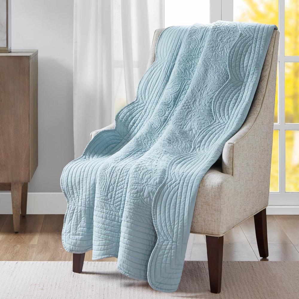 imageMadison Park Luxe Quilted Throw Blanket  Damask Stitching Design Cotton Filled Spread Ultra Soft Cozy Bedding for Living Room Couch Sofa Bed 60x72quot Scalloped Borders CreamScalloped Edges Blue