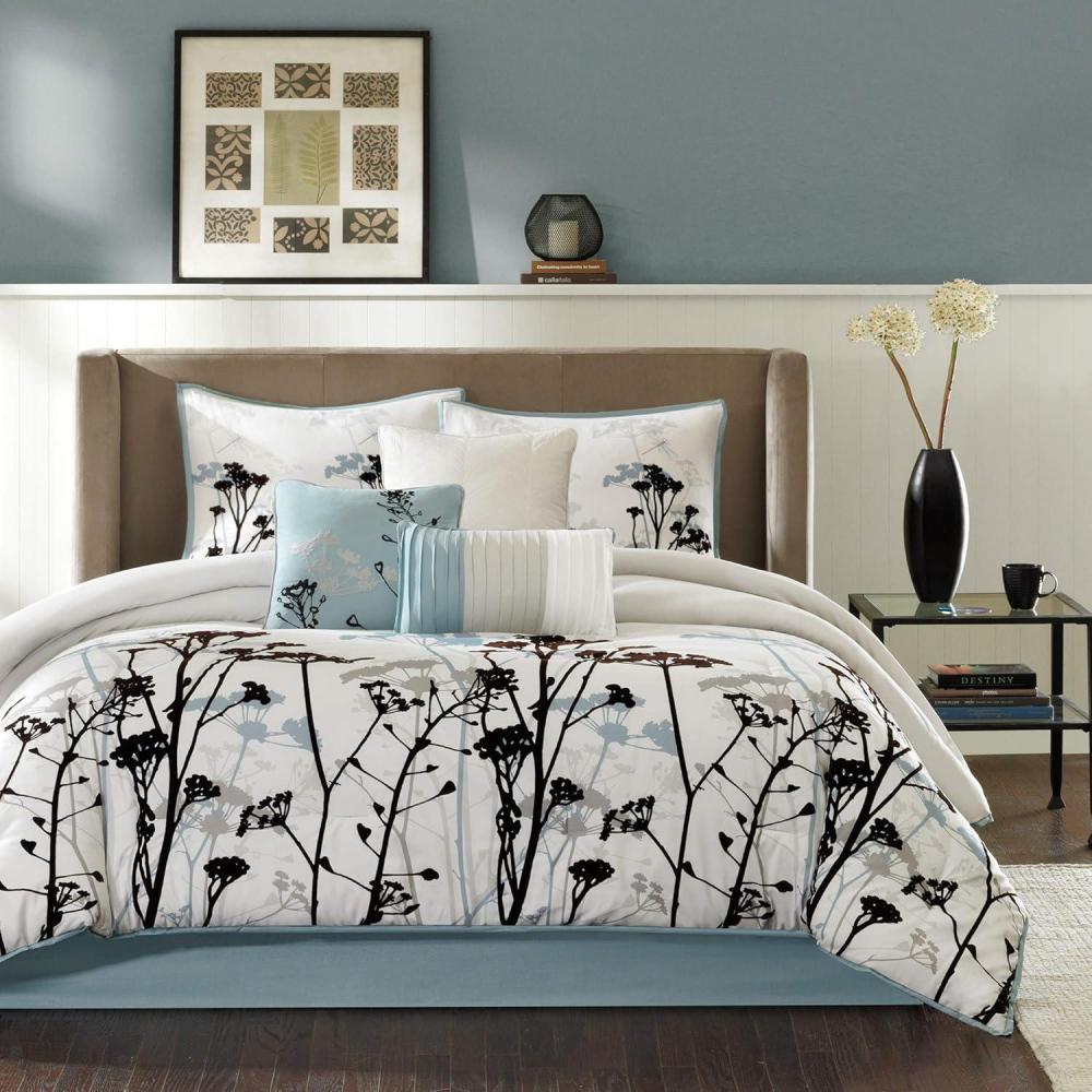 imageMadison Park Quincy Cozy Comforter Nature Scenery Design  All Season Bedding Matching Bed Skirt Decorative Pillows Quincy Leaf ampamp Bird Khaki Queen90quotx90quot 7 PieceWhite