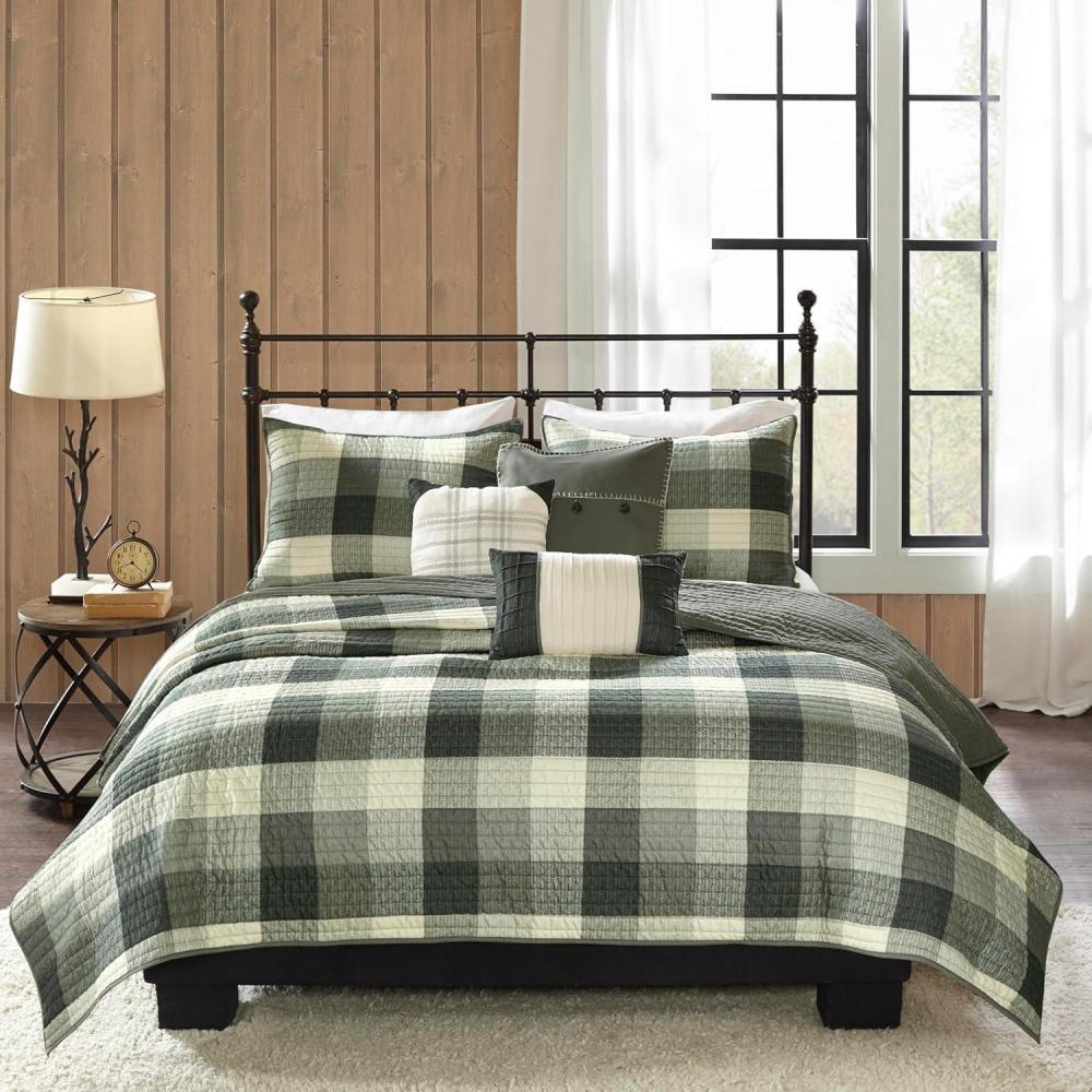 imageMadison Park Reversible Quilt Cabin Lifestyle Plaid Design All Season Breathable Coverlet Bedspread Bedding Set Matching Shams FullQueen90quotx90quot Red 6 PieceRidge Grey 6 Piece