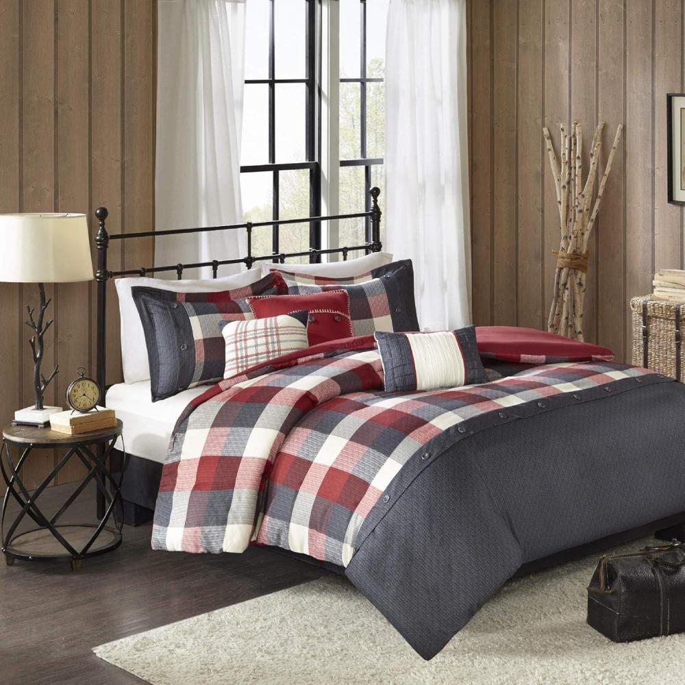 imageMadison Park Ridge Comforter SetCabin Lodge Plaid Herringbone Design All Season Down Alternative Cozy Bedding with Matching Bedskirt Shams Decorative Pillow Queen90quotx90quot Neutral 7 PieceRed