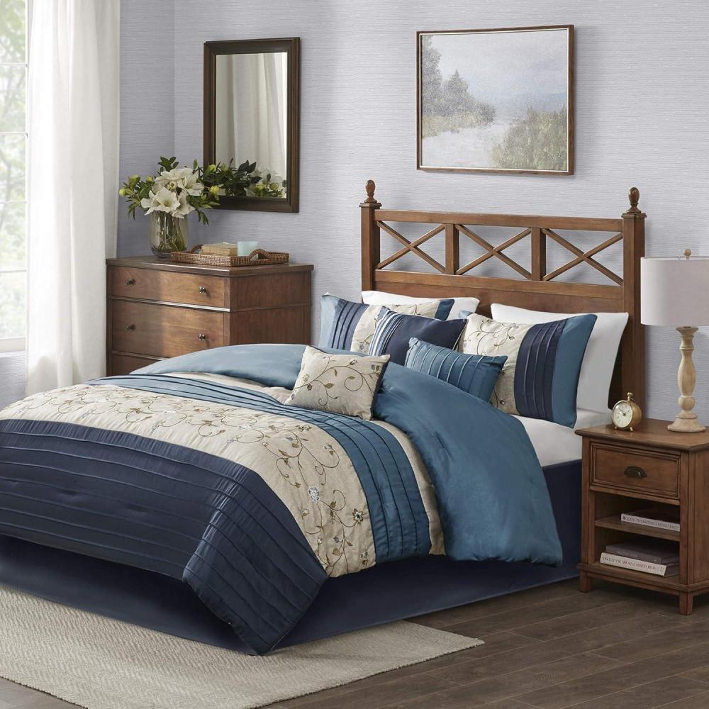imageMadison Park Serene Faux Silk Comforter Set Floral Embroidery Design All Season Bedding Set Matching Bed Skirt Decorative Pillows Red Queen90quotx90quot 7 PieceNavy