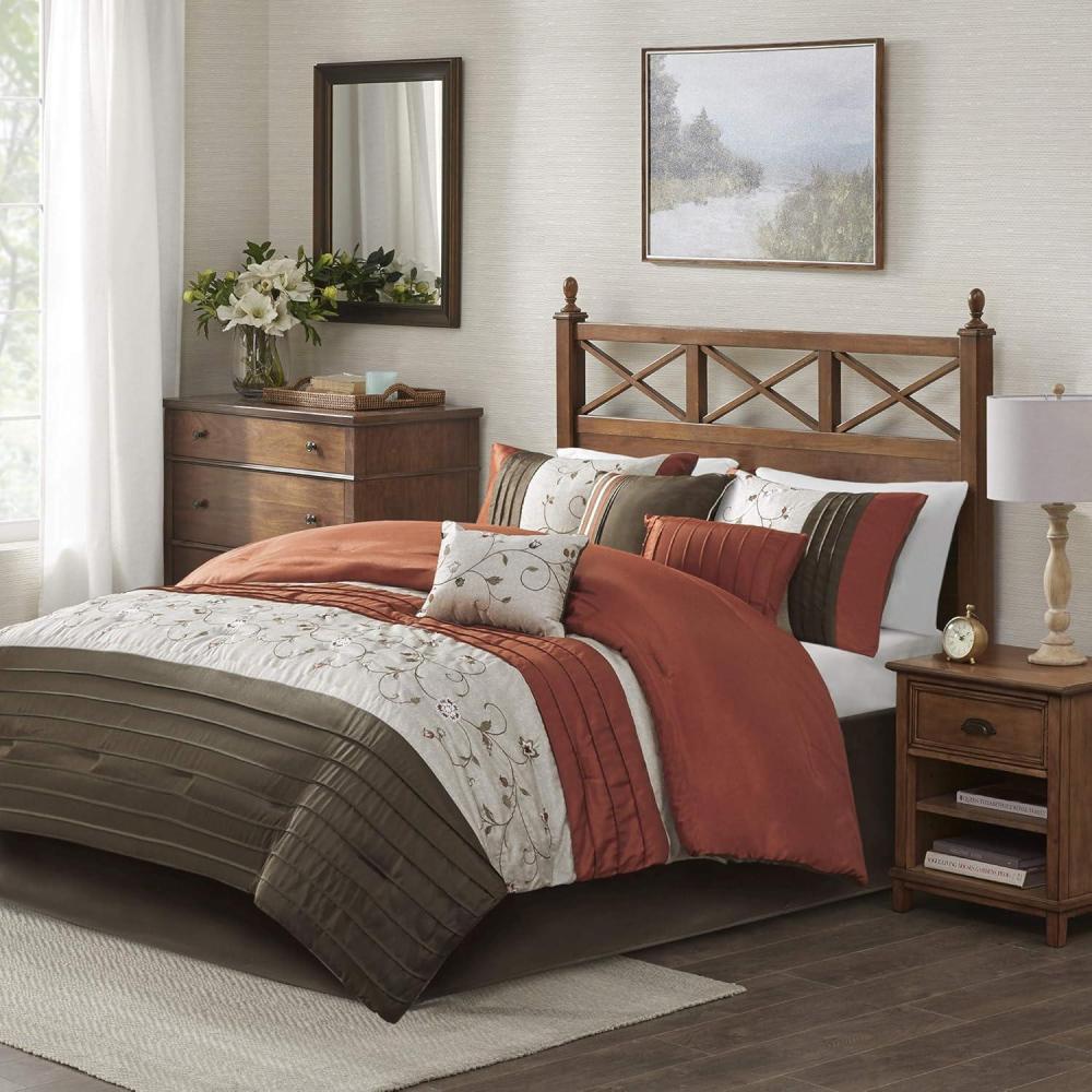 imageMadison Park Serene Faux Silk Comforter Set Floral Embroidery Design All Season Bedding Set Matching Bed Skirt Decorative Pillows Red Queen90quotx90quot 7 PieceSpice