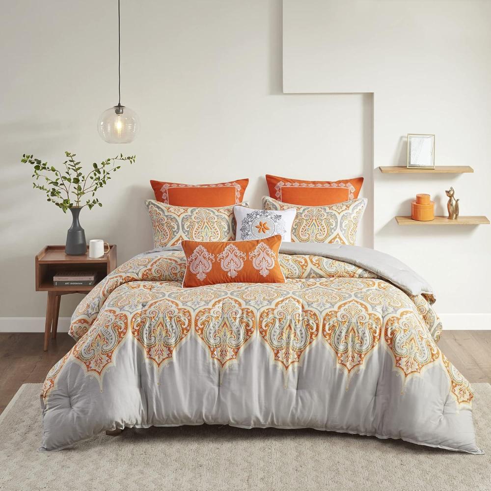 imageMadison Park Vienna Sateen Cotton Comforter Set Breathable Soft Cover Trendy All Season Down Alternative Cozy Bedding with Matching Shams Queen Black 7 PieceNisha Orange