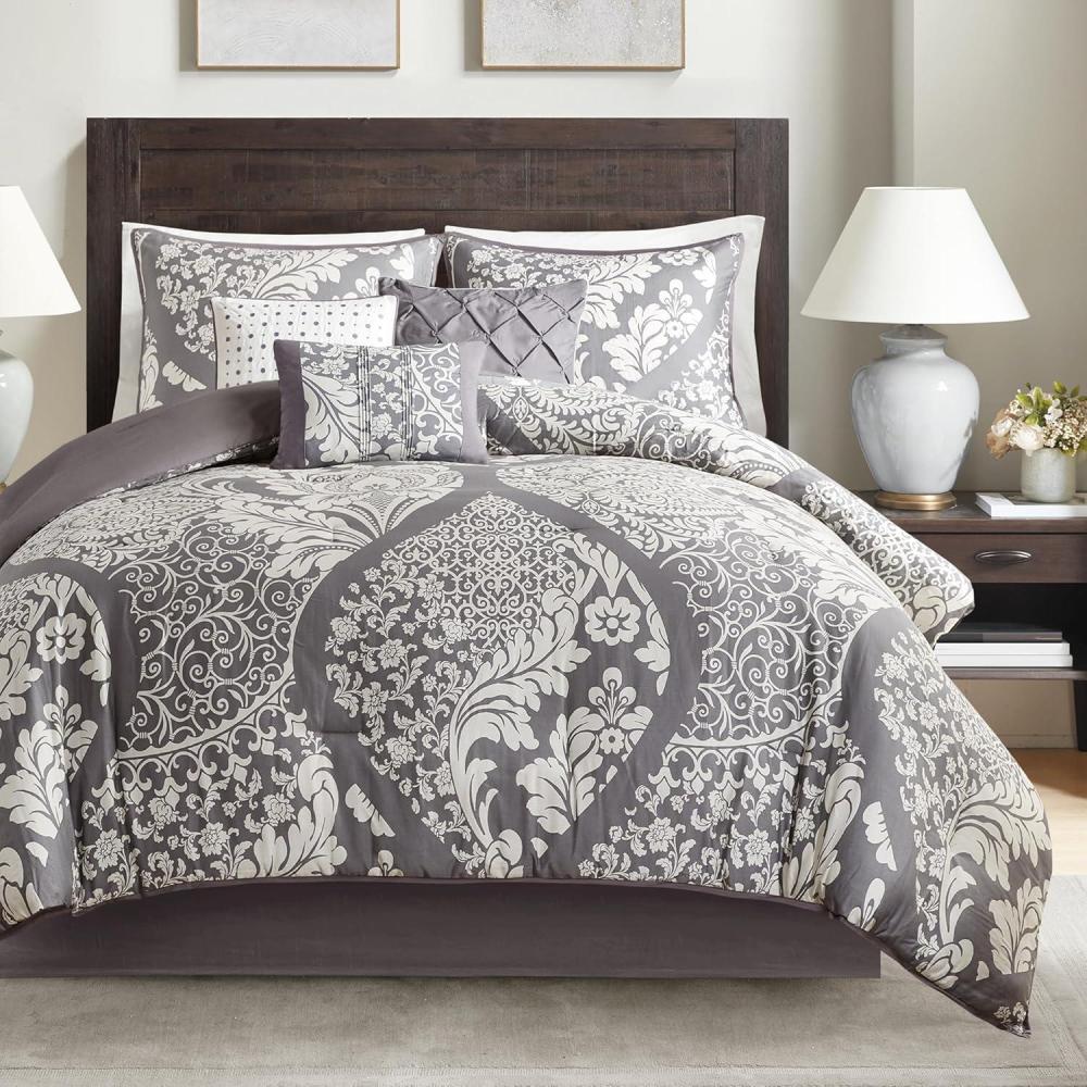 imageMadison Park Vienna Sateen Cotton Comforter Set Breathable Soft Cover Trendy All Season Down Alternative Cozy Bedding with Matching Shams Queen Black 7 PieceVienna Grey