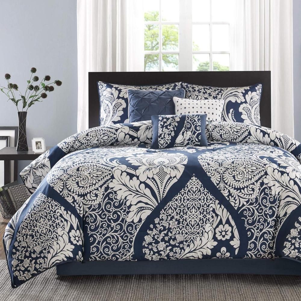 imageMadison Park Vienna Sateen Cotton Comforter Set Breathable Soft Cover Trendy All Season Down Alternative Cozy Bedding with Matching Shams Queen Black 7 PieceVienna Indigo