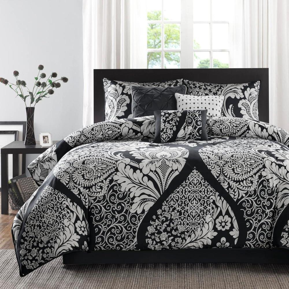 imageMadison Park Vienna Sateen Cotton Comforter Set Breathable Soft Cover Trendy All Season Down Alternative Cozy Bedding with Matching Shams Queen Black 7 PieceVienna Black