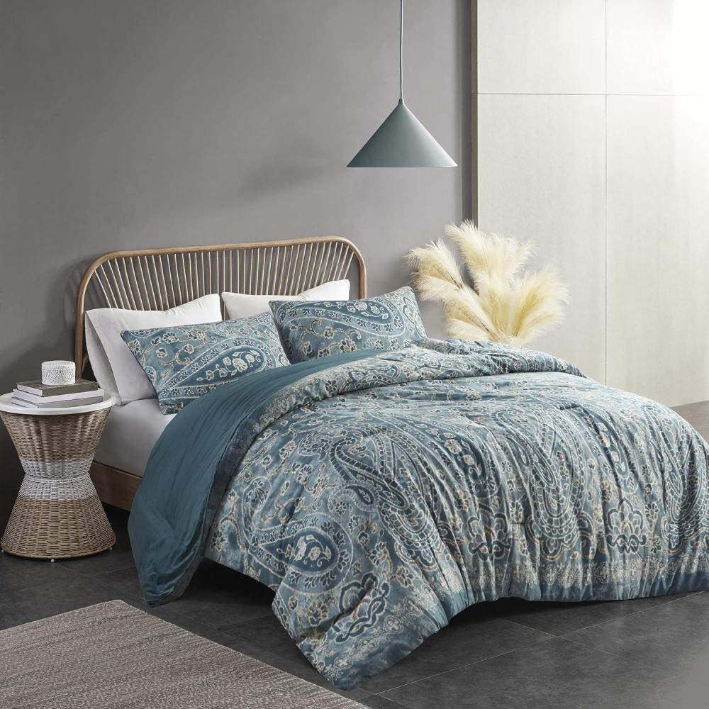 imageMadison Park Vienna Sateen Cotton Comforter Set Breathable Soft Cover Trendy All Season Down Alternative Cozy Bedding with Matching Shams Queen Black 7 PieceBelcourt Blue