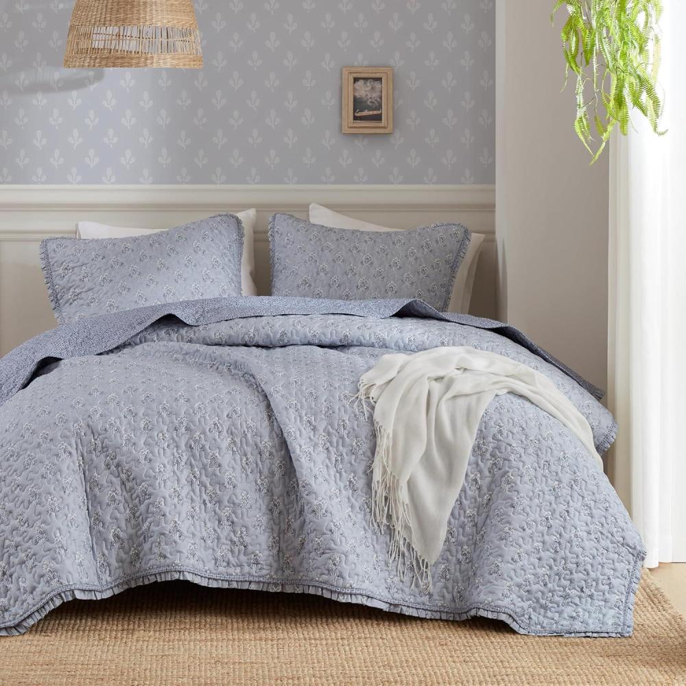 imageMadison Park Vintage Floral Quilt Set King Size Reversible Bedding ampamp Lightweight Bedspread Set Traditional Block Print Coverlets with Ruffled Edge 3Piece with 2 Shams Sage GreenBlue