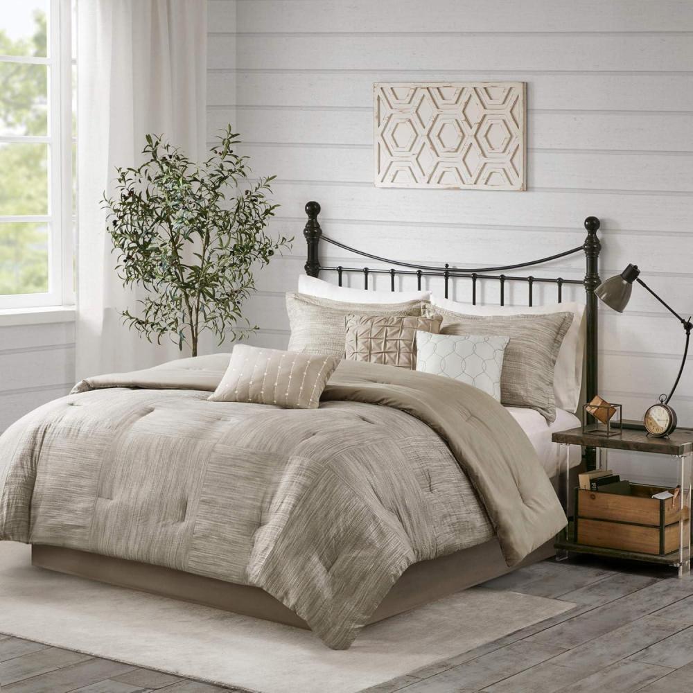 imageMadison Park Walter Comforter  Luxe Seersucker Print Design All Season Down Alternative Bedding Matching Shams Bedskirt Decorative Pillows Grey Queen90quotx90quot 7 PieceTaupe