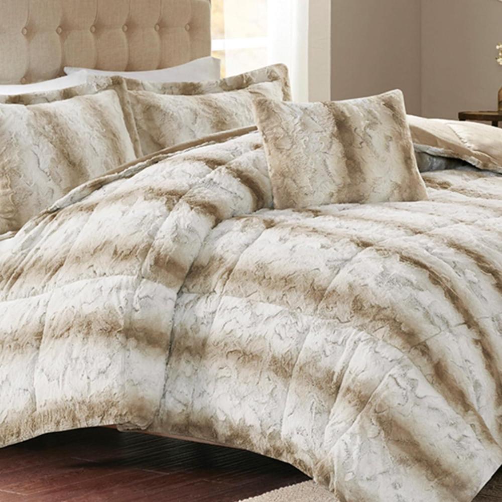 imageMadison Park Zuri Soft Plush Comforter Set Faux Fur Animal Stripes Design Faux Mink On The Reverse Modern All Season Bedding Set with Matching Sham King Snow Leopard 4 PieceSand