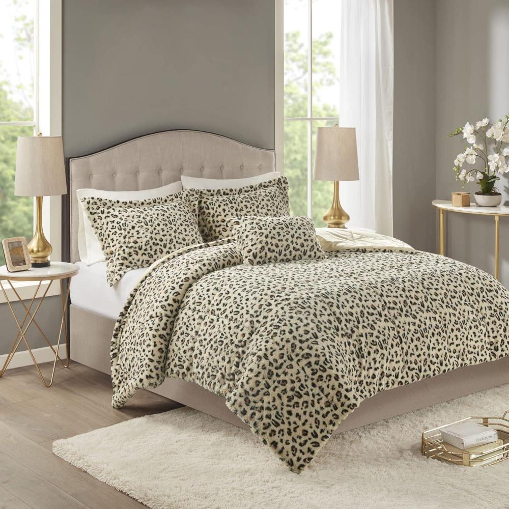 imageMadison Park Zuri Soft Plush Comforter Set Faux Fur Animal Stripes Design Faux Mink On The Reverse Modern All Season Bedding Set with Matching Sham King Snow Leopard 4 PieceCheetah