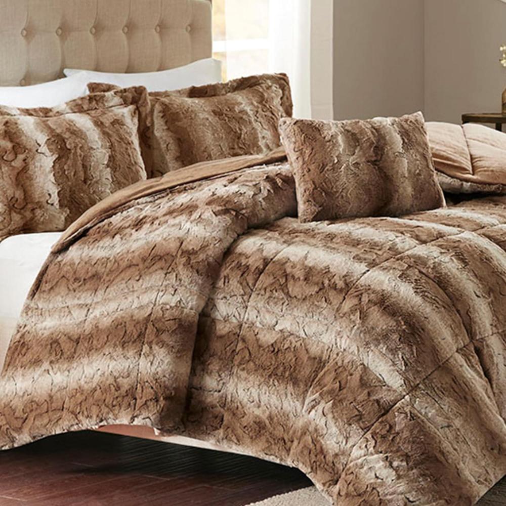 imageMadison Park Zuri Soft Plush Comforter Set Faux Fur Animal Stripes Design Faux Mink On The Reverse Modern All Season Bedding Set with Matching Sham King Snow Leopard 4 PieceTan