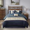 Madison Park Serene Faux Silk Comforter Set – Floral Embroidery Design, All Season Bedding Set, Matching Bed Skirt, Decorative Pillows, Red Queen(90″x90″) 7 Piece(Navy)