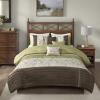 Madison Park Serene Faux Silk Comforter Set – Floral Embroidery Design, All Season Bedding Set, Matching Bed Skirt, Decorative Pillows, Red Queen(90″x90″) 7 Piece(Green)