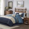 Madison Park Serene Faux Silk Comforter Set – Floral Embroidery Design, All Season Bedding Set, Matching Bed Skirt, Decorative Pillows, Red Queen(90″x90″) 7 Piece(Navy)