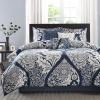 Madison Park Vienna Sateen Cotton Comforter Set, Breathable, Soft Cover, Trendy, All Season Down Alternative Cozy Bedding with Matching Shams, Queen, Black 7 Piece(Vienna Indigo)