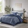 Madison Park Walter Comforter – Luxe Seersucker Print Design, All Season Down Alternative Bedding, Matching Shams, Bedskirt, Decorative Pillows, Grey Queen(90″x90″) 7 Piece(Navy)