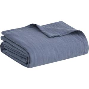 Madison Park Blanket Gauze 100% Cotton Soft & Breathable 3 Layers Lightweight Summer Cover, All Seasons, Cozy & Lofty for Bed, Couch and Office, Tan, Full/Queen(90″x90″)(Blue)