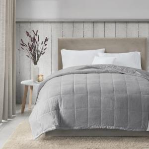 Madison Park King Cozy Blanket HeiQ Smart Temperature Plush to Microfiber Reverse Box Quilting, Reversible, Soft All Season, Lightweight Summer Cover, for Bed, Couch and Sofa, King, Ivory(Grey)