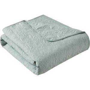 Madison Park Luxe Quilted Throw Blanket – Damask Stitching Design, Cotton Filled Spread, Ultra Soft, Cozy Bedding for Living Room Couch, Sofa, Bed, 60×72″, Scalloped Borders Cream(Seafoam)