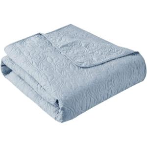 Madison Park Luxe Quilted Throw Blanket – Damask Stitching Design, Cotton Filled Spread, Ultra Soft, Cozy Bedding for Living Room Couch, Sofa, Bed, 60×72″, Scalloped Borders Cream(Blue)