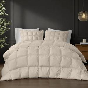 Madison Park Queen Comforter, Overfilled High Desity Down Alternative Fill Winter, 3D Puff Jump Tack Quilted Microfiber Fluffy Comforter, Corner Loops, Stay Puffed, Full/Queen, White(Tan)