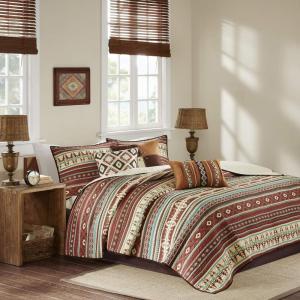Madison Park Quilt Rustic Southwestern All Season, Breathable Coverlet Bedspread, Lightweight Bedding, Shams, Decorative Pillow, Full/Queen (90″x90″), Yosemite, Stripes Purple/Teal, 6 Piece(Taos Ikat Red/Spice)