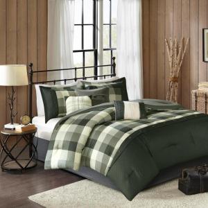 Madison Park Ridge Comforter Set-Cabin Lodge Plaid Herringbone Design All Season Down Alternative Cozy Bedding with Matching Bedskirt, Shams, Decorative Pillow, Queen(90″x90″), Neutral 7 Piece(Grey)